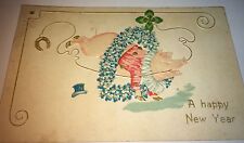 Rare Antique Happy New Year C.1908 Lucky Happy Pig Lithograph Horseshoe Postcard picture