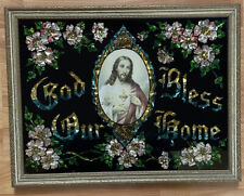 Vintage God Bless Our Home Sign Foil Back Mirror Glass Plaque Jesus Religious picture