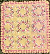 Vintage C1930s Fan Patchwork Quilt Feedsack Print Melon Yellow Pink Hand Quilted picture