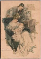 1910s Artist-Signed HARRISON FISHER Postcard Couple with Baby No. 705 *TRIMMED picture