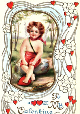 c1910 VALENTINE CUPID GIRL HEARTS AND FLOWERS EMBOSSED POSTCARD 44-152 picture