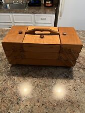 Vintage Poland Oak Wood Sewing Box Dovetail Expandable Accordion Style picture