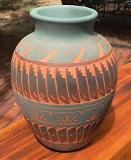 Navajo J. Hayes Teal Feather Mountain Etched Pottery Vase picture
