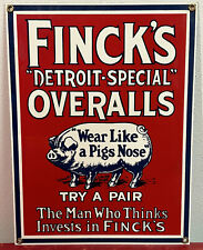 Vintage Finck's Overalls Detroit Special Porcelain Enamel Metal Sign picture