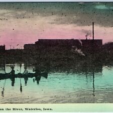 c1910s Waterloo, IA Moonlight on Cedar River Canoe Girl Photo Litho Postcard A63 picture