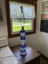 Vintage St. Clair Gibson Glass Lamp Blue w Glass Finial Elwood Indiana - Heavy picture