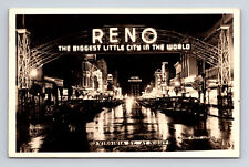 RPPC Downtown Reno NV Virginia Street View Old Cars Lights Postcard picture