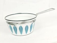 Vtg Cathrineholm Lotus Pan Pot Teal Aqua Blue on White Saucepan Long Handle picture