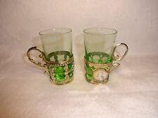 vintage green tinted shot glasses with metal cup like holder picture
