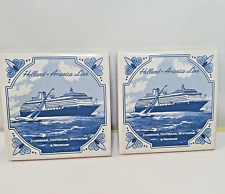 2 Vintage Holland America Line Delft Blue Coasters Tile Cork Back ZUIDERDAM picture