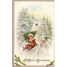 Vintage Holiday Postcard A merry Christmas Embossed Girl on Sleigh Stamped 1916 picture