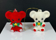 Vintage Teddy Bears Red and White Fuzzy Plastic Holiday Ornaments picture