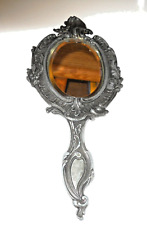 Antique Pewter Hand Mirror/Looking Glass Ornate Floral Design with Handle 12.75