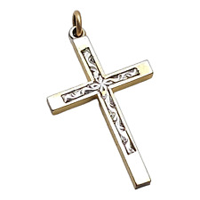 1/20 12k Gold Filled Sterling Silver Inlay Engraved Cross Pendant Vintage picture