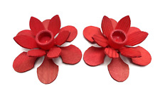 Pair of Vintage Wooden Red Flower Candleholders Made in Sweden picture