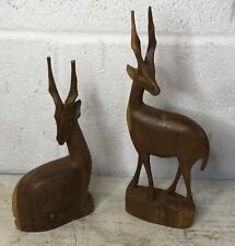 Pair Of Vintage MCM Hand Carved Wood Gazelle Antelope Deer Sculpture Statue picture
