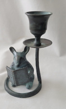 Mouse Reading Book Cast Metal Candlestick Holder Green Verdigris picture