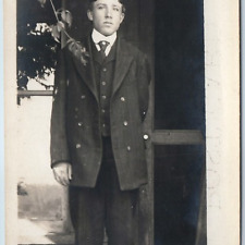 c1910s Handsome Young Man Outdoors RPPC Classy Fancy Tailored Suit Photo PC A214 picture
