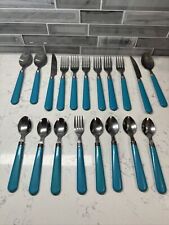 Vintage Plastic Teal Handled Silverware Lot of 19.  Misc Forks, Spoons & Knives picture