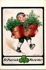 Postcard Happy St. Patrick's Day Greetings Irish Boy & Buckets Clover 1911 J-128 picture