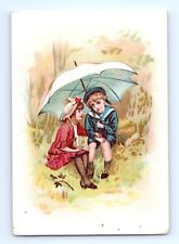 Little Boy Blue Parasol Umbrella Blank Trade Card Girl Red Dress Kids Art VTG Ad picture