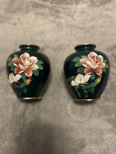 Japanese Cloisonne Pair Of Emerald Green Enamel Vases Giovani Vtg Roses Flowers picture