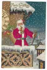 Patriotic SILK SANTA CLAUS~Toy Basket~Flag~Snowy Scene~Christmas Postcard~h897 picture