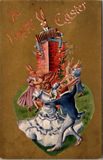 1911 Postcard A Happy Easter Anthropormorhic Rabbits Dancing Accordion Winch Bk picture