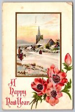 Postcard: New Year, Embossed, Gilt, P-N Y, Floral, Winter Scene, Posted 1908 picture