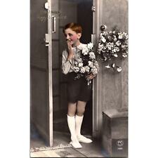 Vintage Edwardian Postcard Boy with Flowers, Happy Birthday France 1900's Tinted picture