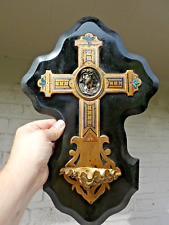 Antique French large Holy water font plaque bronze enamel Christ head rare picture