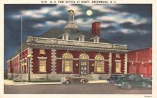 Postcard SC Greenwood US Post Office by Night Linen Unposted Vintage PC H9953 picture