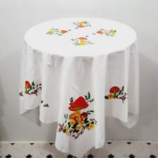Vintage White Hand Painted Tablecloth Mushrooms Country Cottage Retro 51x52 picture