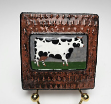 Vintage Hand Painted Glazed Terracotta Cow w/Hearts Tile Decorative Stamped 1984 picture