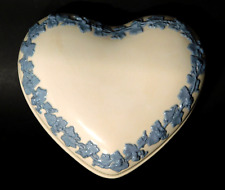 Wedgwood Queen's Ware Embossed Large Blue on White Heart Trinket Box picture