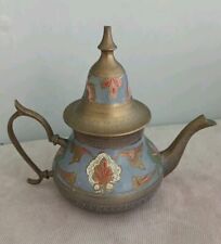 Antique Etched Brass Teapot w/Lid - Painted Blue  Enamel - India - 7.25