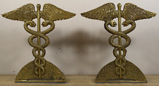 Vtg Set of 2 Solid Brass Medical CADUCEUS Bookends Excellent Detail picture