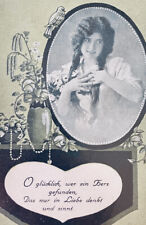 Rare Beautiful Antique 1900s German Wedding Poem Postcard Girl Mirror Bird picture