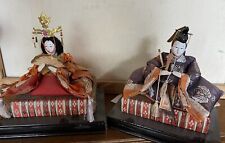 Vintage Japanese Hina Emperor Empress Doll Set 8”x7” W Lamps Wood Stage picture