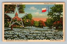 TX-Texas, Texas State Capitol, State Flag, Blue Bonnets, Vintage Postcard picture