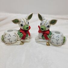 Set (2) Lefton Quilted Ceramic Christmas Deer candle holder figurines Festive picture