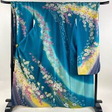 65.7inc Japanese Kimono SILK FURISODE Cherry blossoms Gold through Blue green picture
