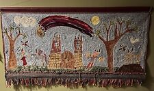 Stunning Vintage Large Yarn Art Wall Tapestry Medieval Castle Theme Folk Art picture