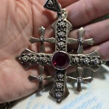 Antique Sterling Silver Jerusalem Holy Land Filigree Cross Faceted Garnet  Chain picture