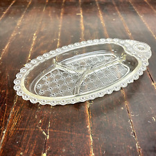 Vintage 3 Part Clear Glass Divided Relish Tray Dish w/ Handle Flower/Dot Design picture