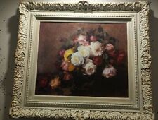 LARGE VICTORIAN FLOWER FLORAL VASE PAINTING WITH WHITE GOLD LEAF WOOD FRAME ART picture