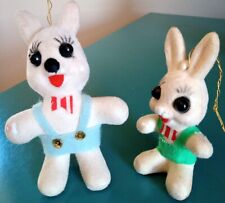 2 Vintage Fuzzy Flocked Felt Easter Big Eye Long Lashes Bunny Rabbit Ornaments picture
