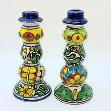 Mexico Talevera Hand Painted Ceramic Pottery Taper Candlestick Holders Set of 2 picture