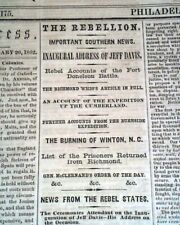 Confederate JEFFERSON DAVIS Inauguration Inaugural Addr 1862 Civil War Newspaper picture