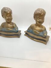 VTG Laughing Boys 1920 Armor Bronze Bookends Art Sculpture Pair 7” picture